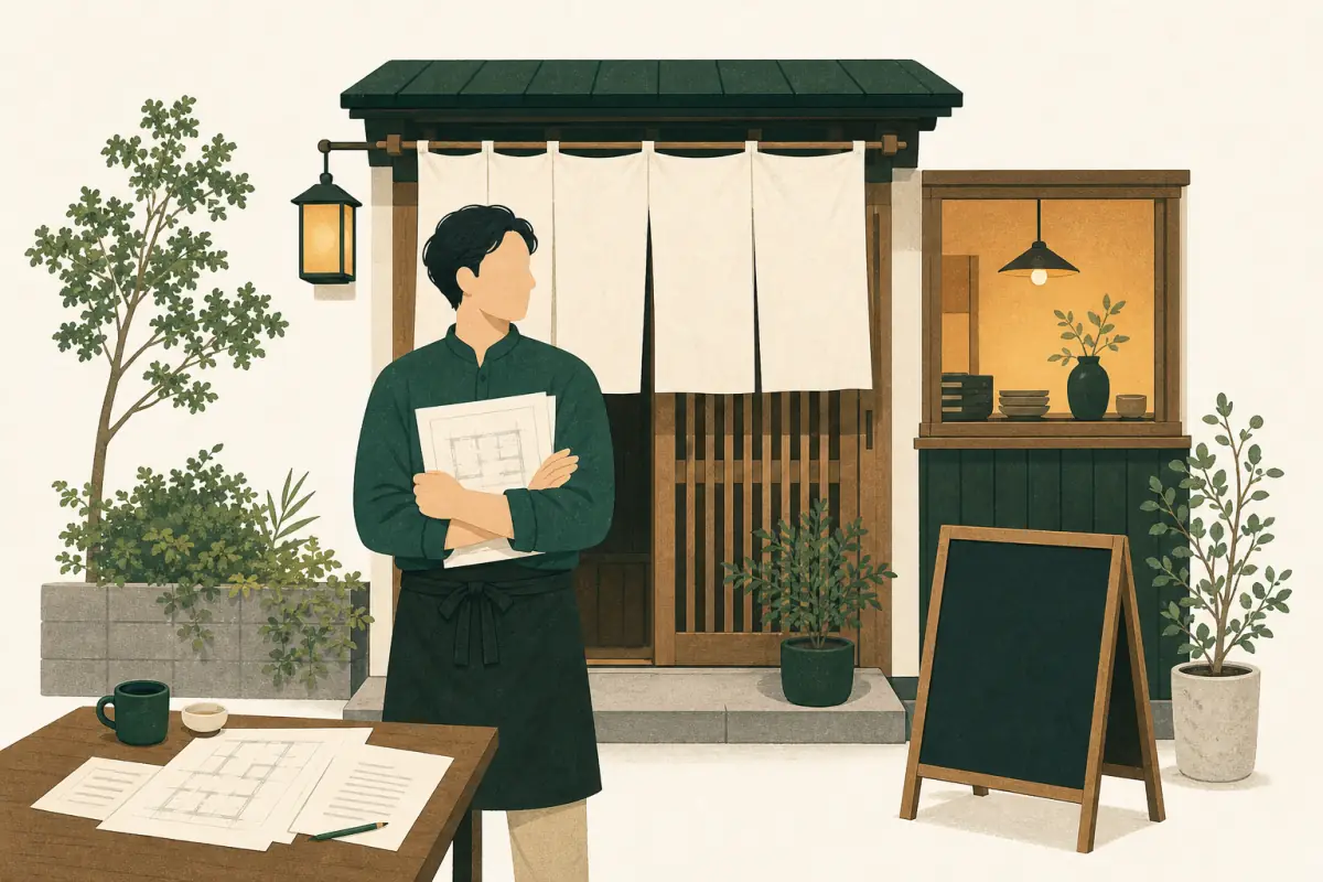 のれんのかかった小さな飲食店の前で、改装の計画書を抱える店主のイラスト