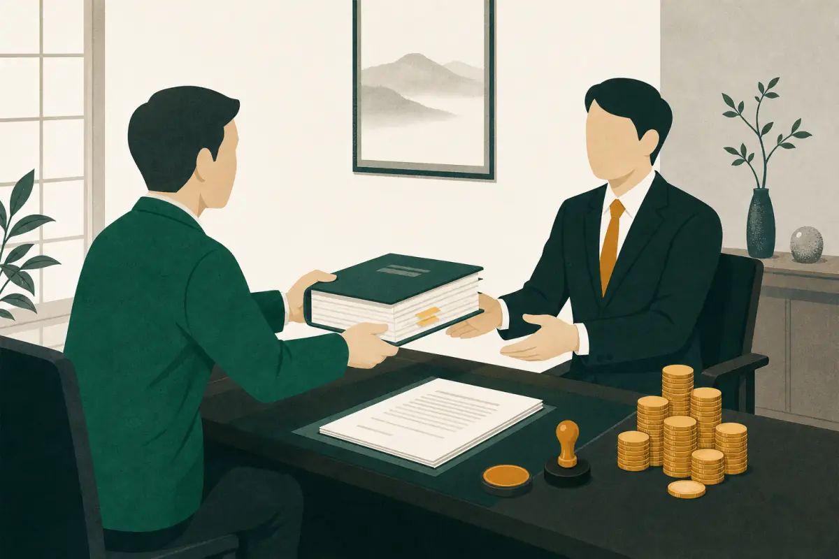 事務所で分厚い書類を業者に手渡し、契約書と硬貨の山が並ぶイラスト