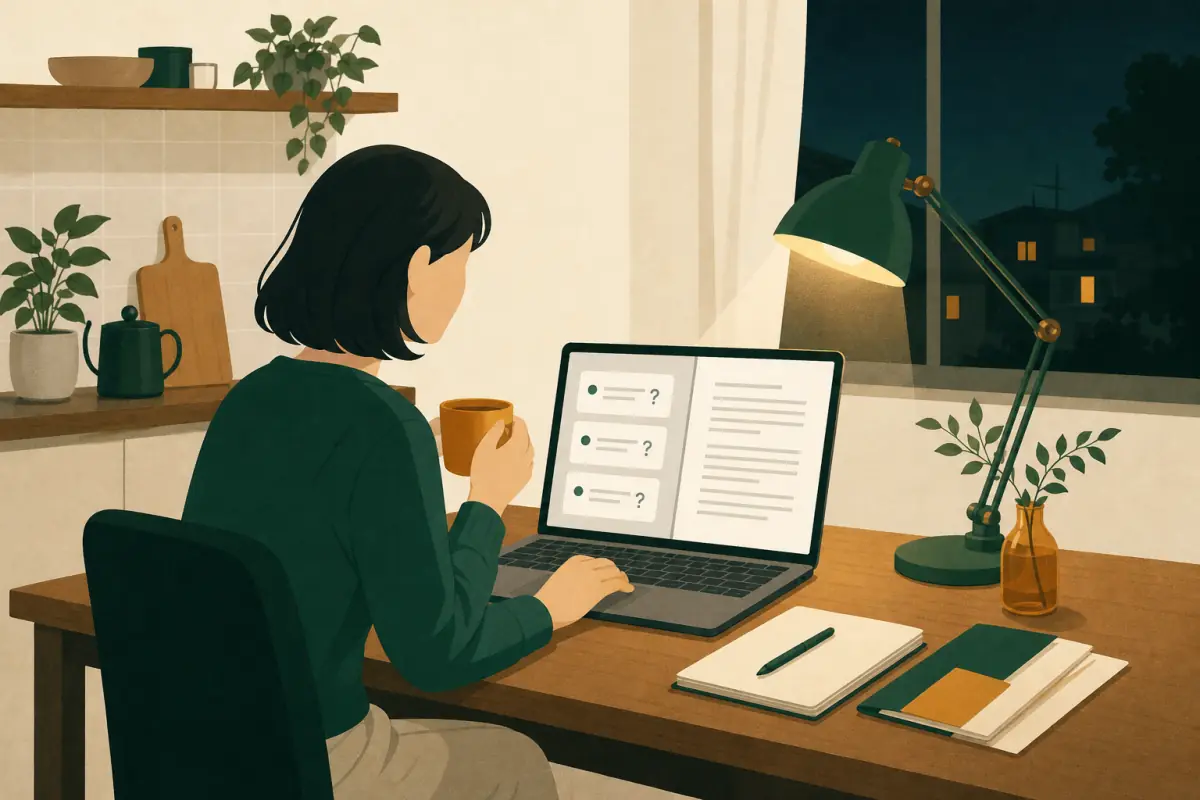 夜のキッチンテーブルで、ノートパソコンの質問に答えながら計画書を作る店主のイラスト