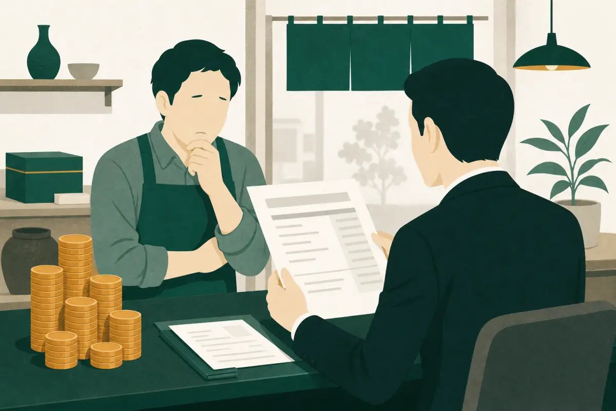 高額な見積書を差し出され、積まれた硬貨を前にためらう店主のイラスト
