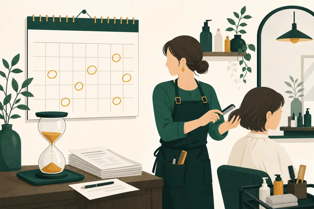 締切に印をつけたカレンダーと砂時計を気にしながら接客する美容室の店主のイラスト