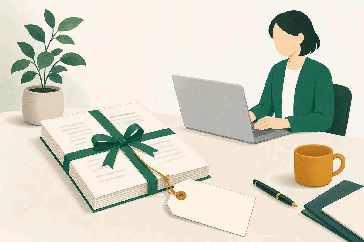 緑のリボンで綴じた計画書に、値札がひとつだけ付いているイラスト